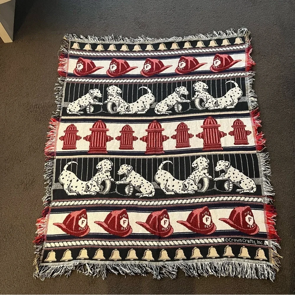 Vintage Crown Crafts Dalmatian Fireman Hydrant Tapestry Throw Blanket